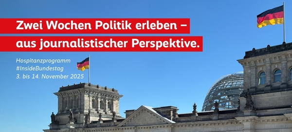 von FES/Marcus Hammes
Foto der des Reichstagsgebäudes mit zwei wehenden Deutschlandflaggen.