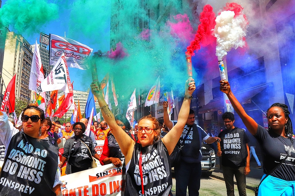 Demo von Gewerkschaften in São Paulo, Brasilien 2020