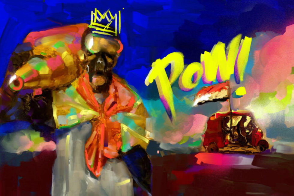 Illustraion "Pow!" von Aya Tarek stellt einen Mann mit Maske und Krone dar