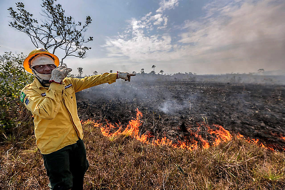 Arbeiter des Brasilianischen Instituts für Umwelt und erneuerbare natürliche Ressourcen zeigt auf Feuerschäden in Manicore, Amazonas, Brasilien, 26.08.2019