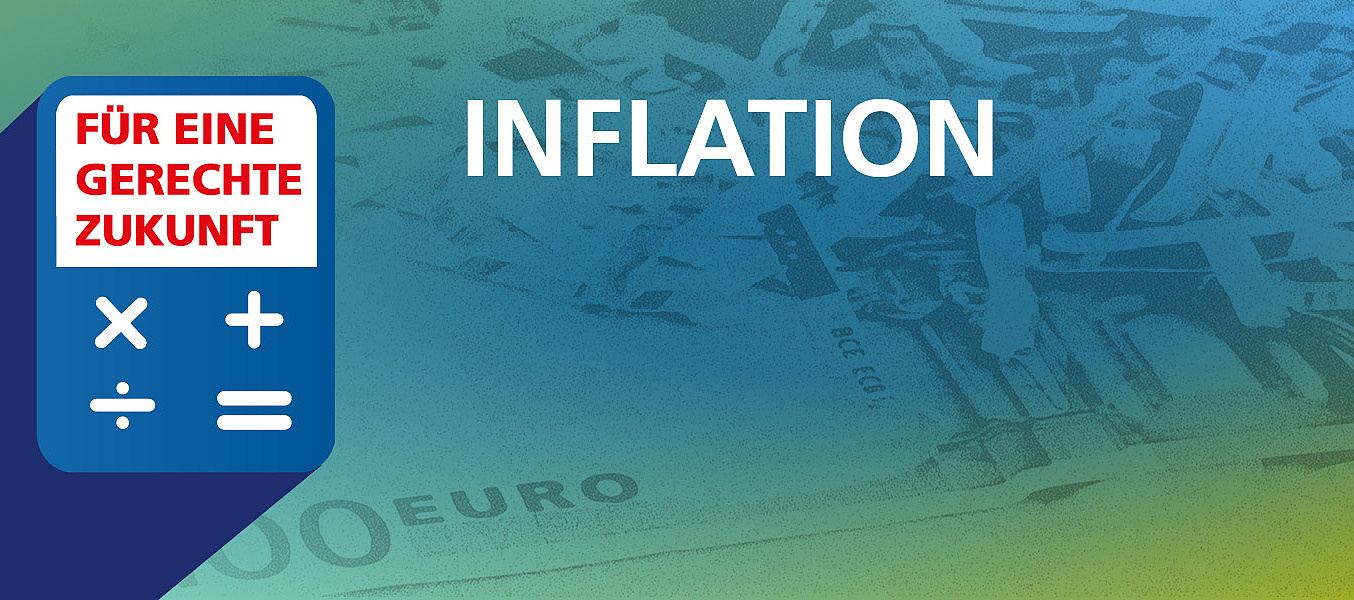 Blau-grün-gelb verwischter Hintergrund. Darauf der weiße Schriftzug "Inflation".