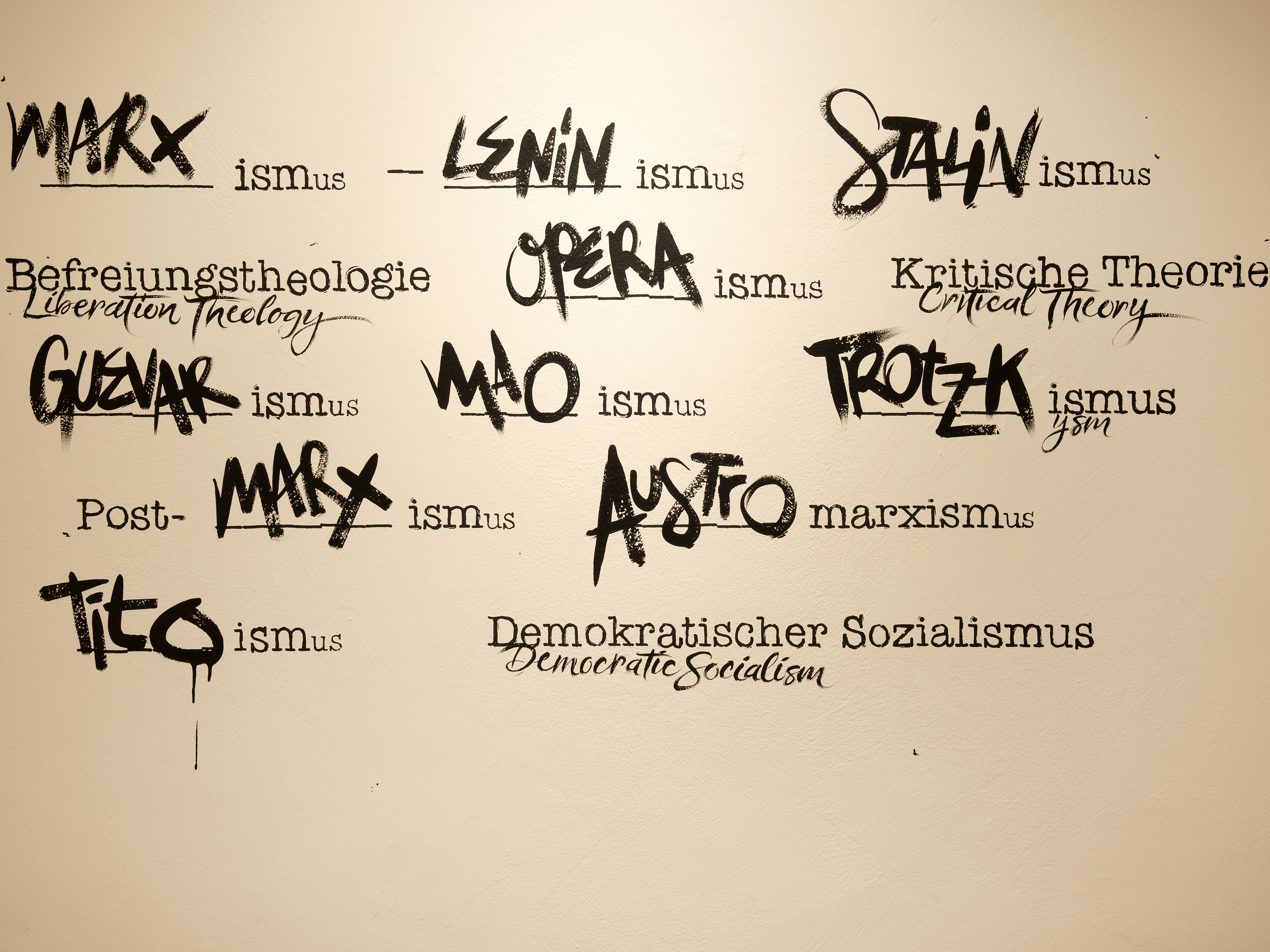 Das Foto zeigt eine Wand mit mehreren Schlagwörtern. Diese beschreiben unterschiedliche Ideologien, die sich Marx‘ Theorien zur Grundlage nehmen.