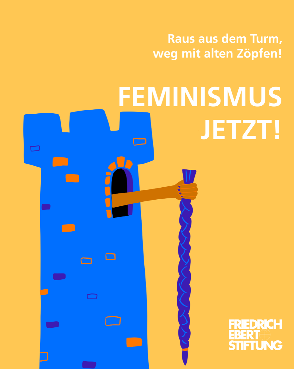 Gezeichnete Grafik, auf der bezugnehmend auf das Märchen Rapunzel ein blauer Turm abgebildet ist, aus dem eine Hand einen langen, abgeschnittenen Zopf heraus hängen lässt. Die Grafik trägt die Aufschrift: "Raus aus dem Turm, weg mit alten Zöpfen!"" - "Feminismus jetzt!"