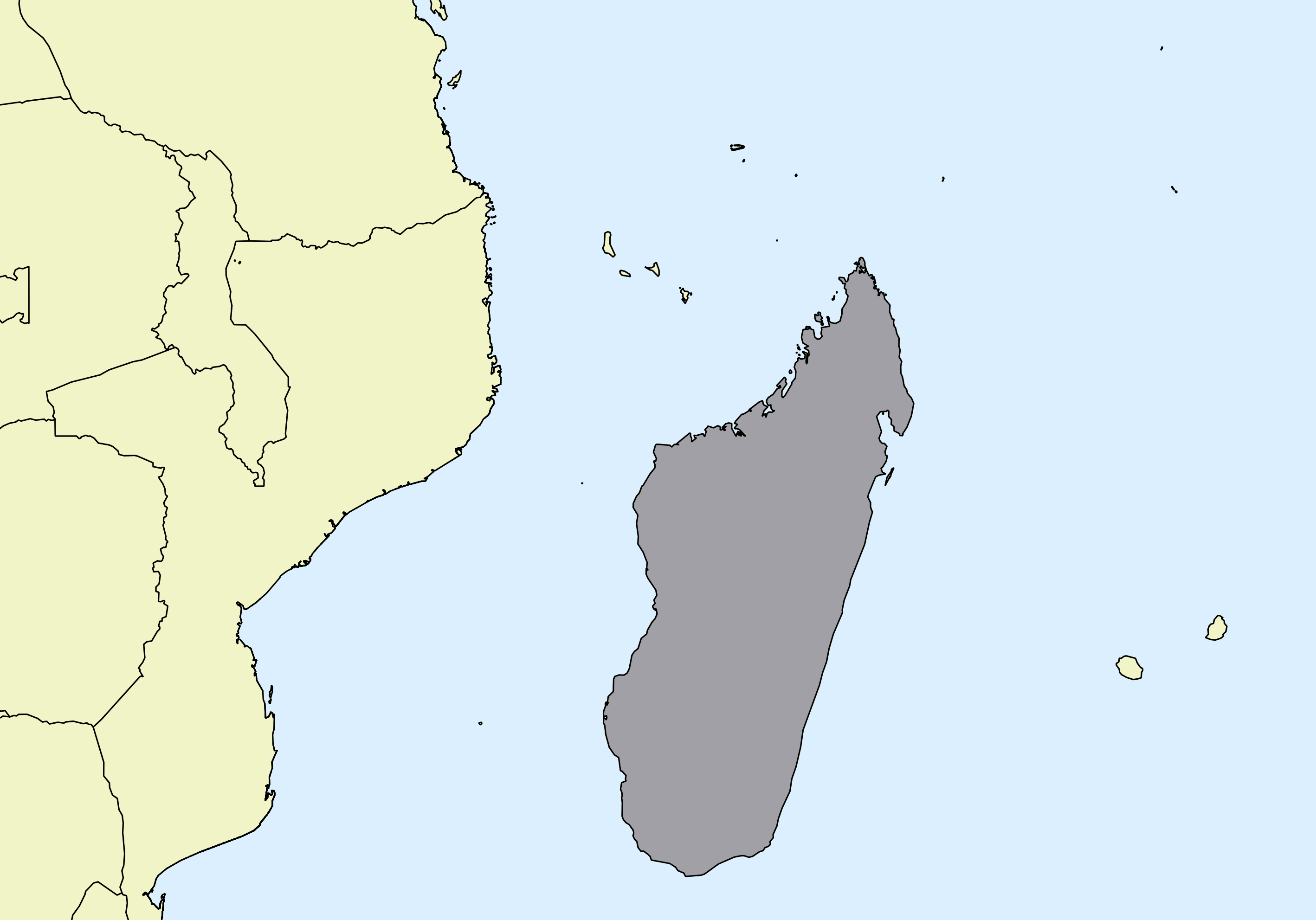Ausschnitt einer Karte des afrikanischen Kontinents mit Ländergrenzen. Im Zentrum steht Madagaskar grau hervorgehoben