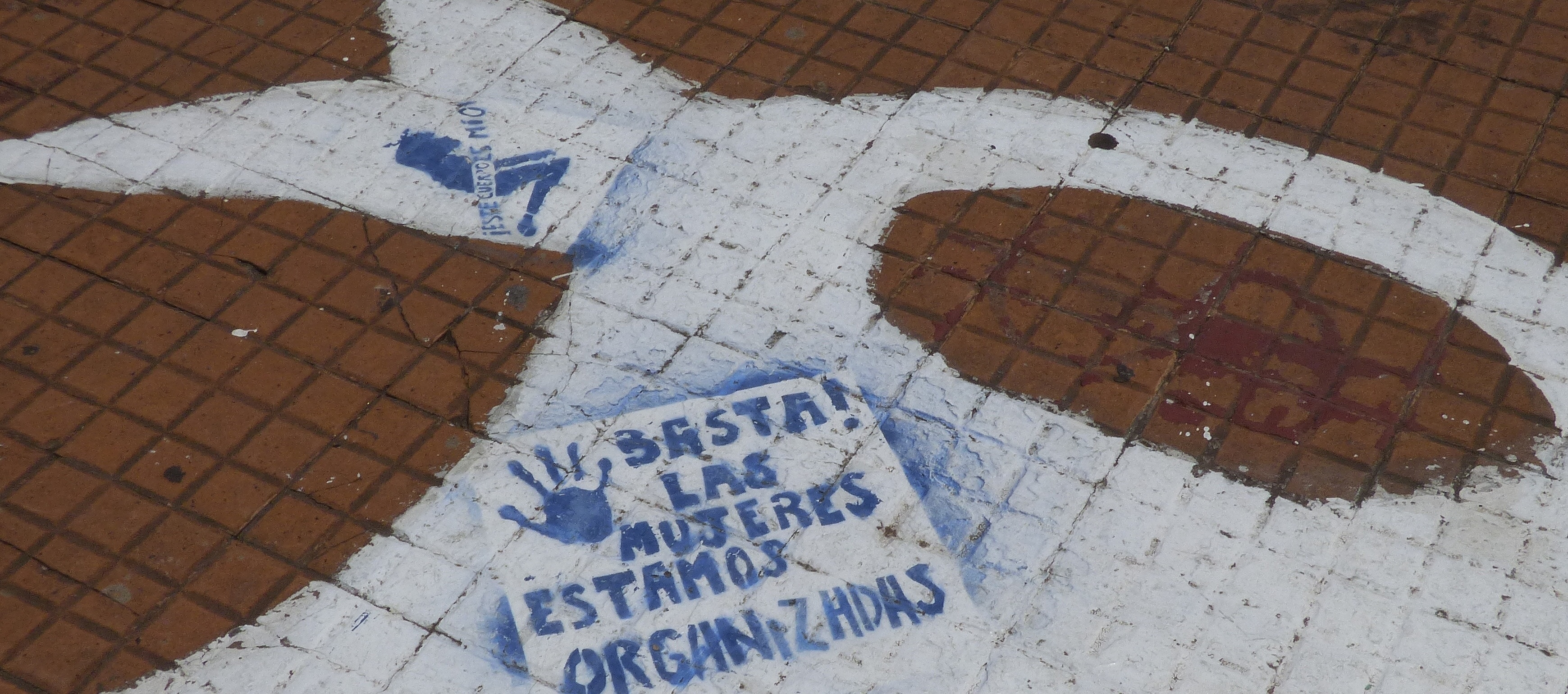 Graffiti des weißen Kopftuchs der Madres/Abuelas de Plaza de Mayo (Mütter/Großmütter vom Mai-Platz) in Buenos Aires, Argentinien (Schrift „Es reicht! Wir Frauen sind organisiert“)