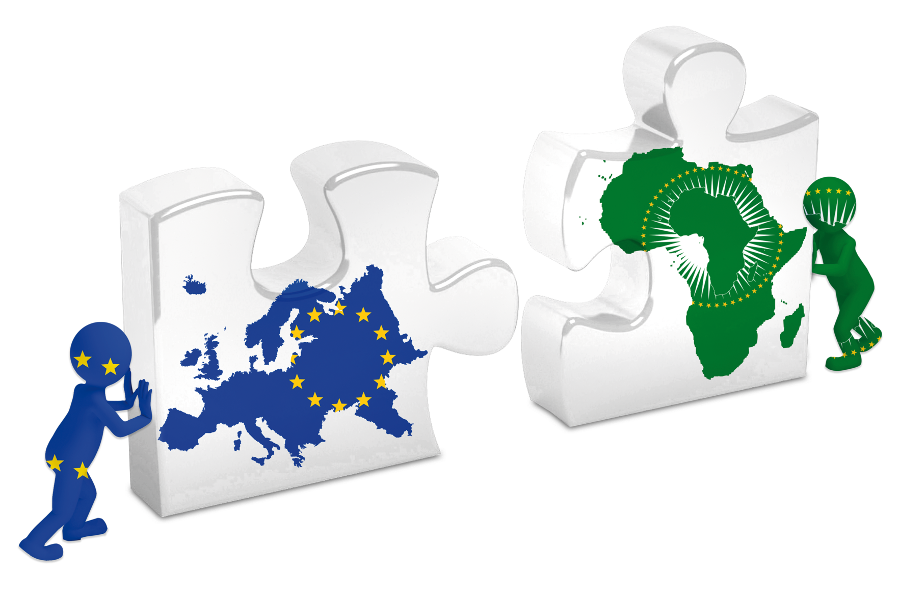 Symbolbild zwei einzelne Puzzleteile. Ein Puzzleteil mit dem Kontinent Afrika und eines mit dem Kontinent Europa. Sie werden von zwei Männchen zueinander geschoben, sodass sie passen würden.