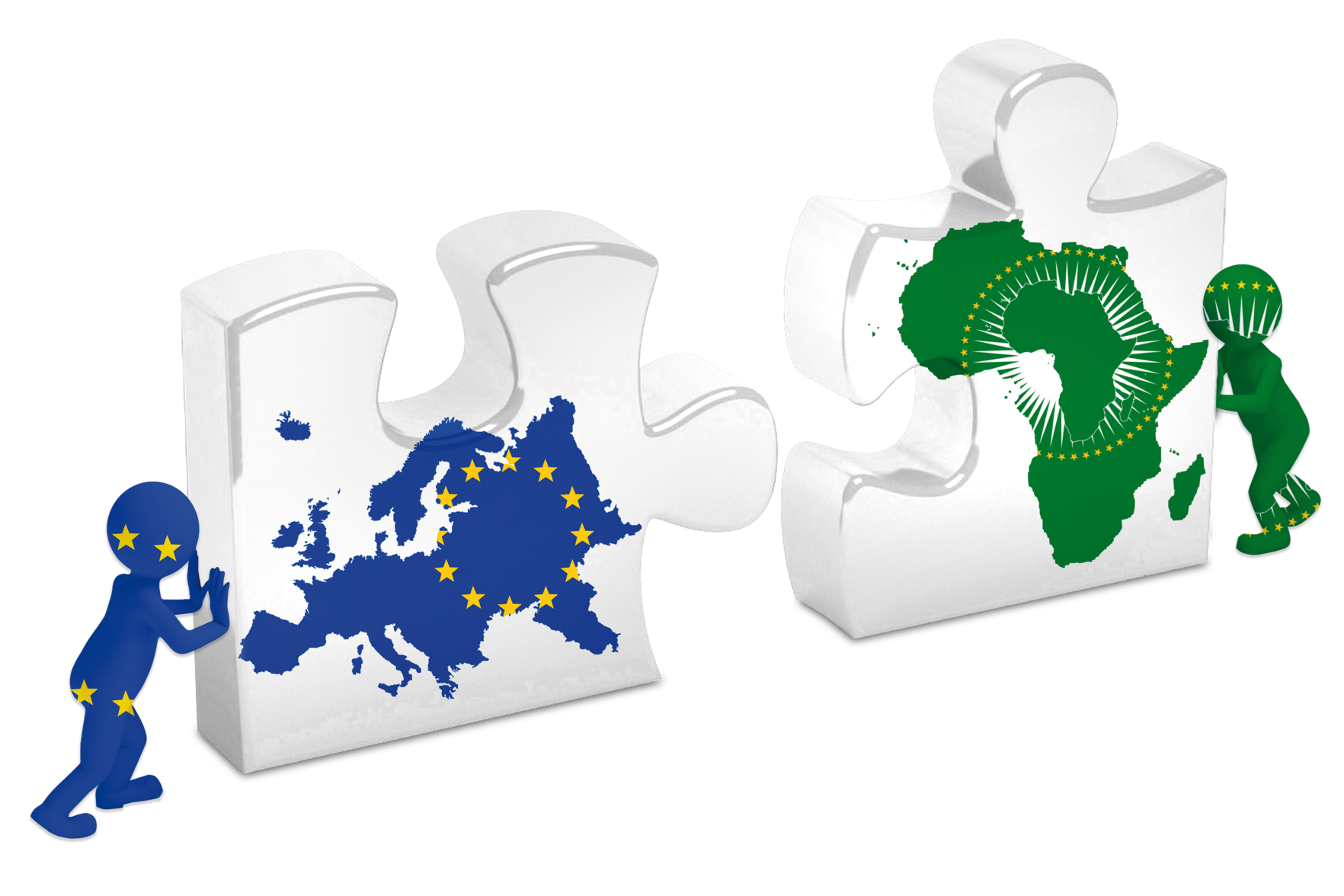 Symbolbild zwei einzelne Puzzleteile. Ein Puzzleteil mit dem Kontinent Afrika und eines mit dem Kontinent Europa. Sie werden von zwei Männchen zueinander geschoben, sodass sie passen würden.