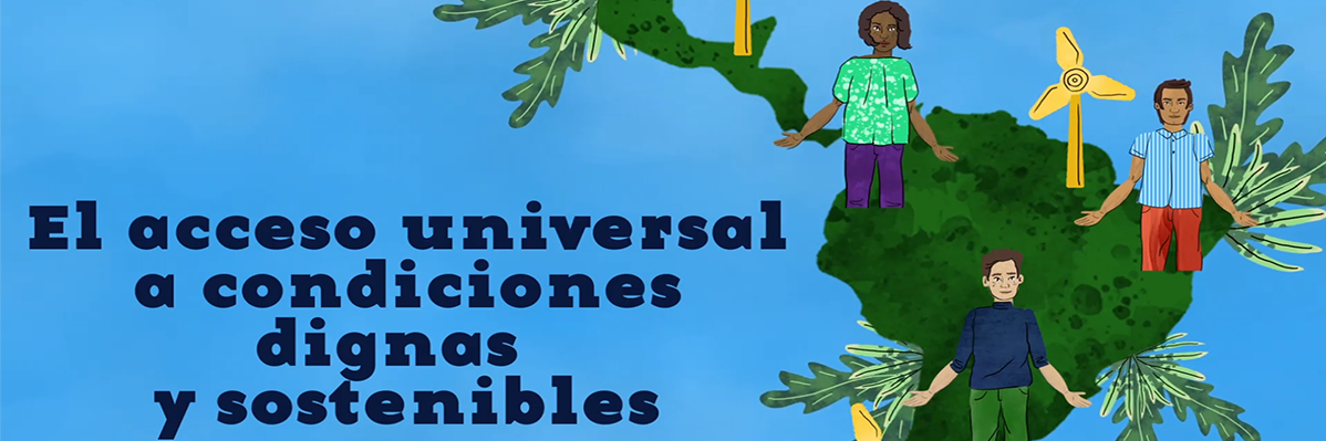 Landkarte Südamerikas mit Karikaturen von Menschen, die auf dem Kontinent stehen. Übersetzung der Schrift: Der universelle Zugang zu würdevollen und nachhaltigen Lebensumständen