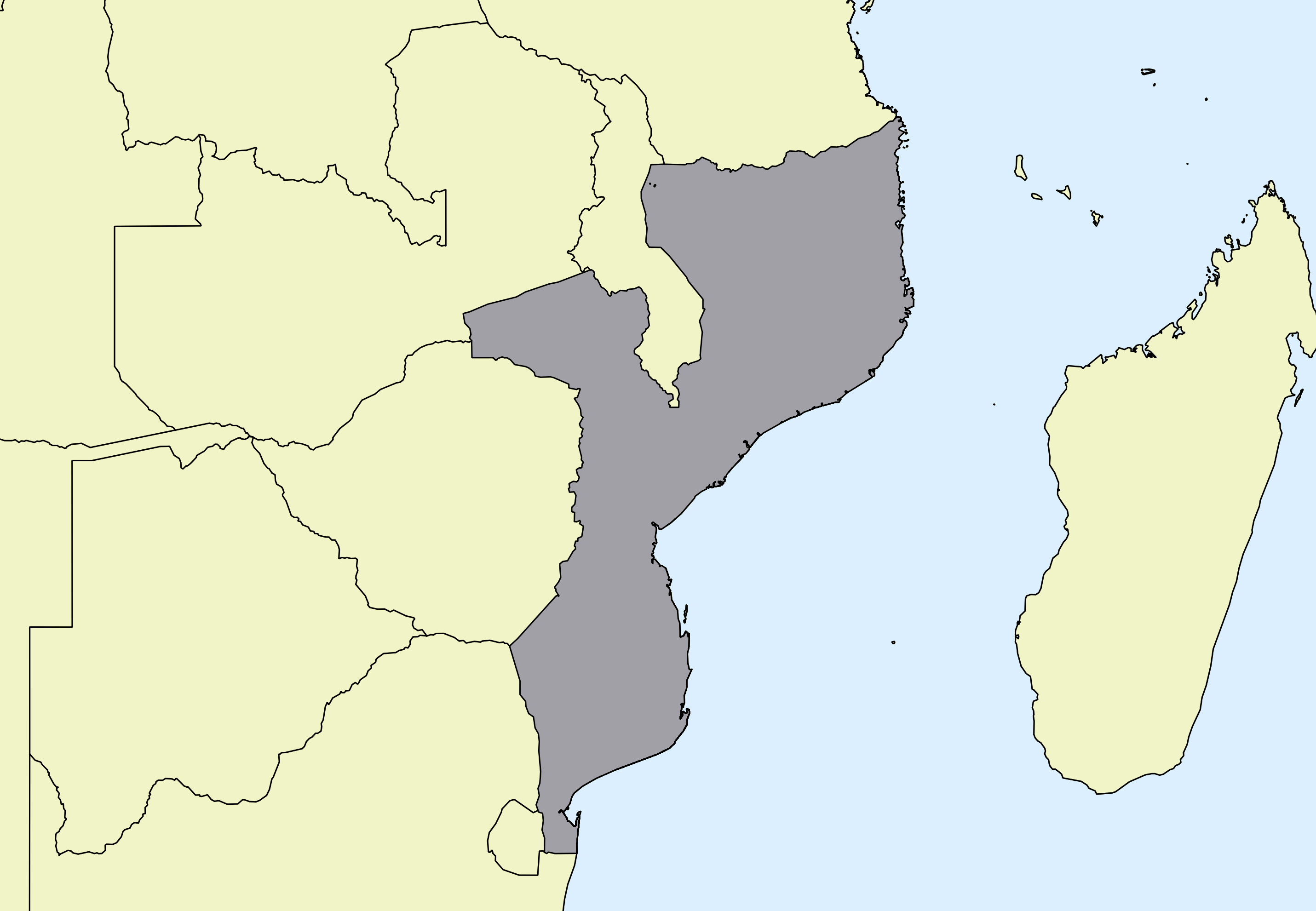 Ausschnitt einer Karte des afrikanischen Kontinents mit Ländergrenzen. Im Zentrum steht Mosambik grau hervorgehoben