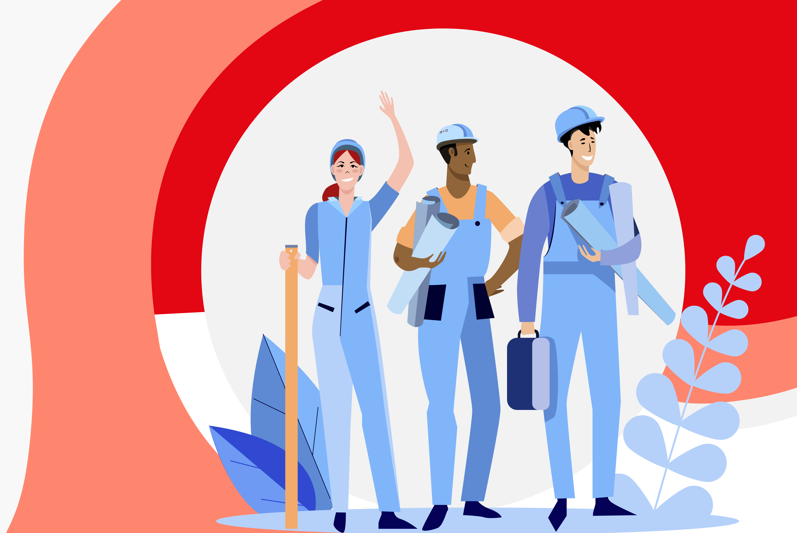 Illustration Comicstyle: One female worker and two male blue collar workers are waving with their hands