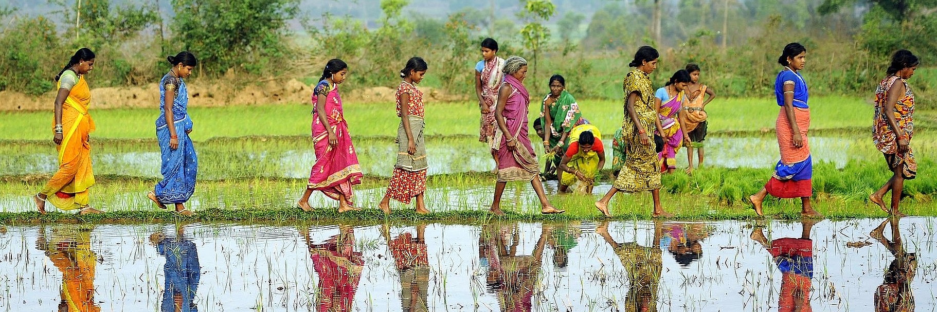 Südasiatische Frauen in traditioneller Kleidung laufen barfuß über Graskorridor eines Flusses entlang