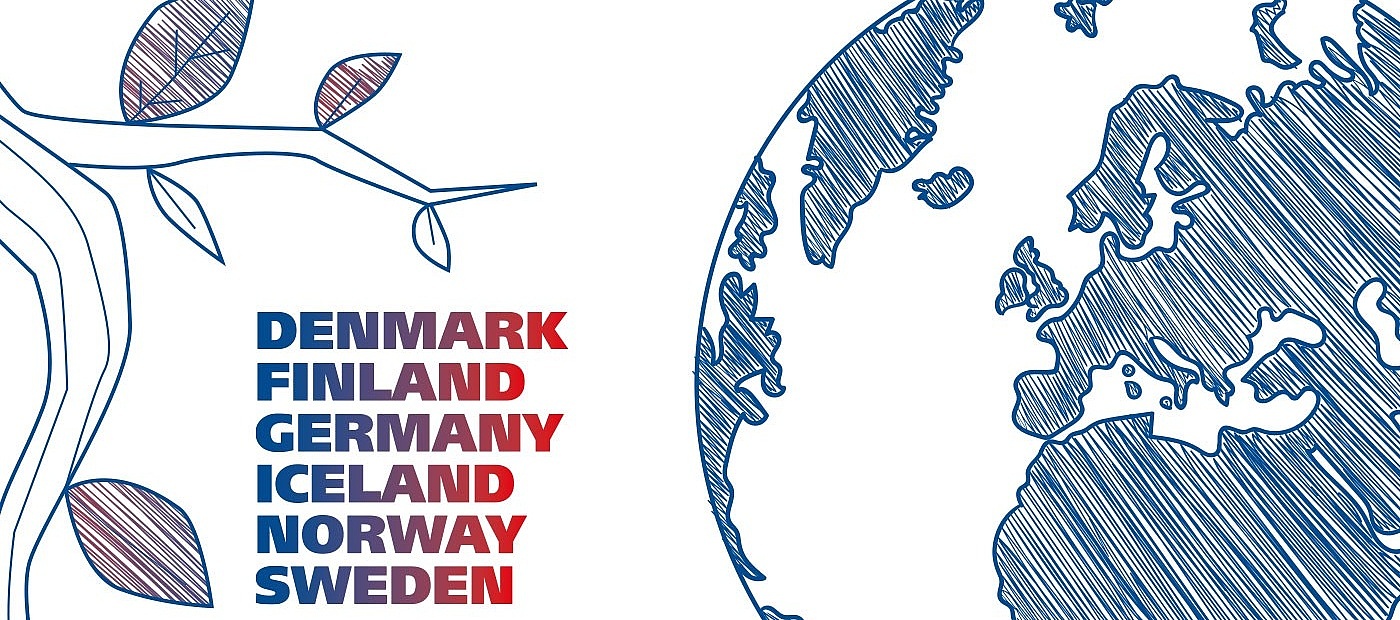 Auf weißem Hintergrund ist in Blau eine Weltkugel sowie ein Ast mit wenigen Blättern gezeichnet. In Blau-Rot befinden sich darauf die Wörter "Denmark, Finland, Germany, Iceland, Norway, Sweden"