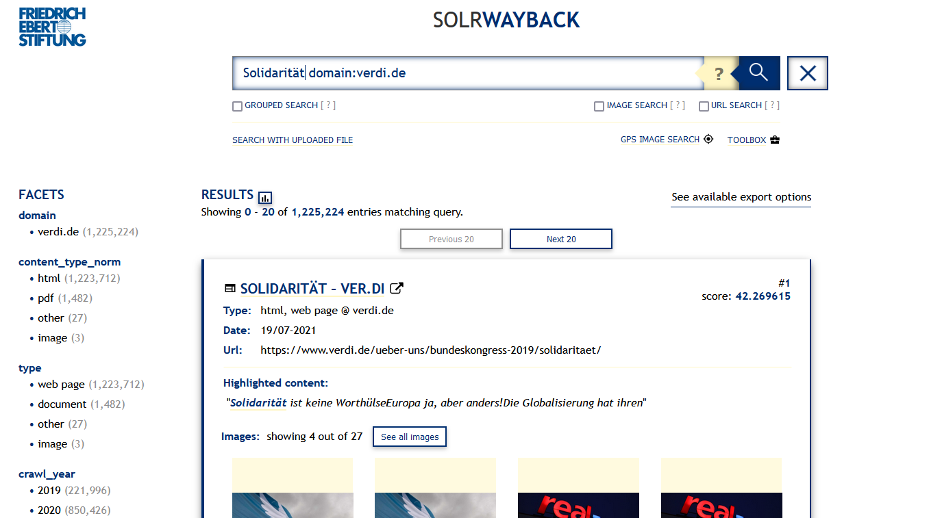 Screenshot eines Suchergebnisses in SolrWayback mit der Suchanfrage "Solidarität domain:verdi.de"