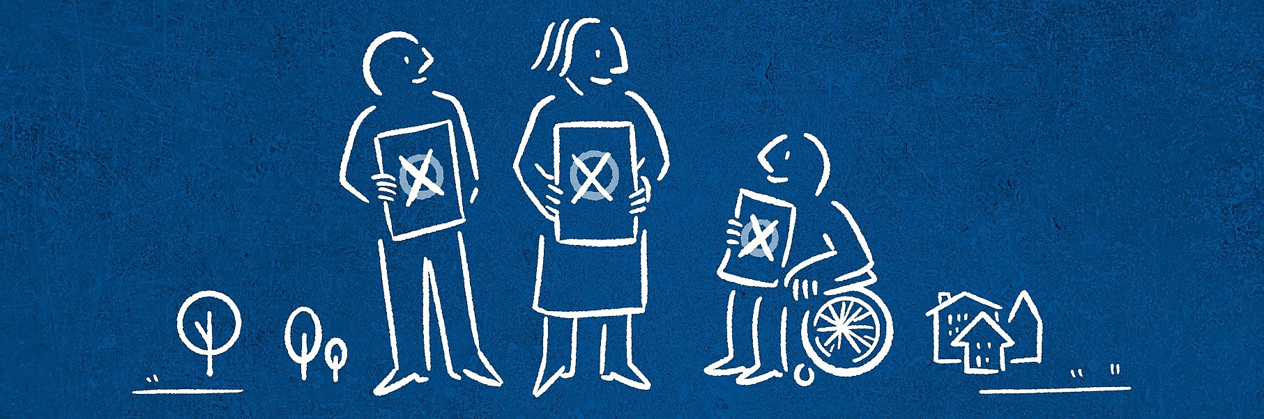 Die Grafik zeigt weiße Symbole auf blauem Hintergrund. Von Links nach rechts sind das Bäume. ein Mann, eine Frau, ein Rollstuhlfahrer und ein ein Kleinstadt. Alle Personen halten einen angekreuzten Wahlzettel.