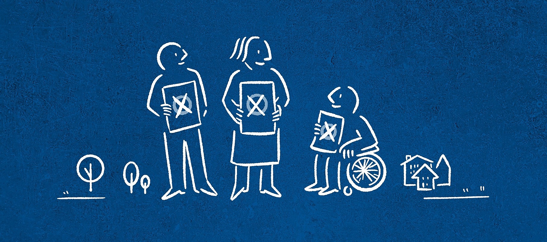 Die Grafik zeigt weiße Symbole auf blauem Hintergrund. Von Links nach rechts sind das Bäume. ein Mann, eine Frau, ein Rollstuhlfahrer und ein ein Kleinstadt. Alle Personen halten einen angekreuzten Wahlzettel.