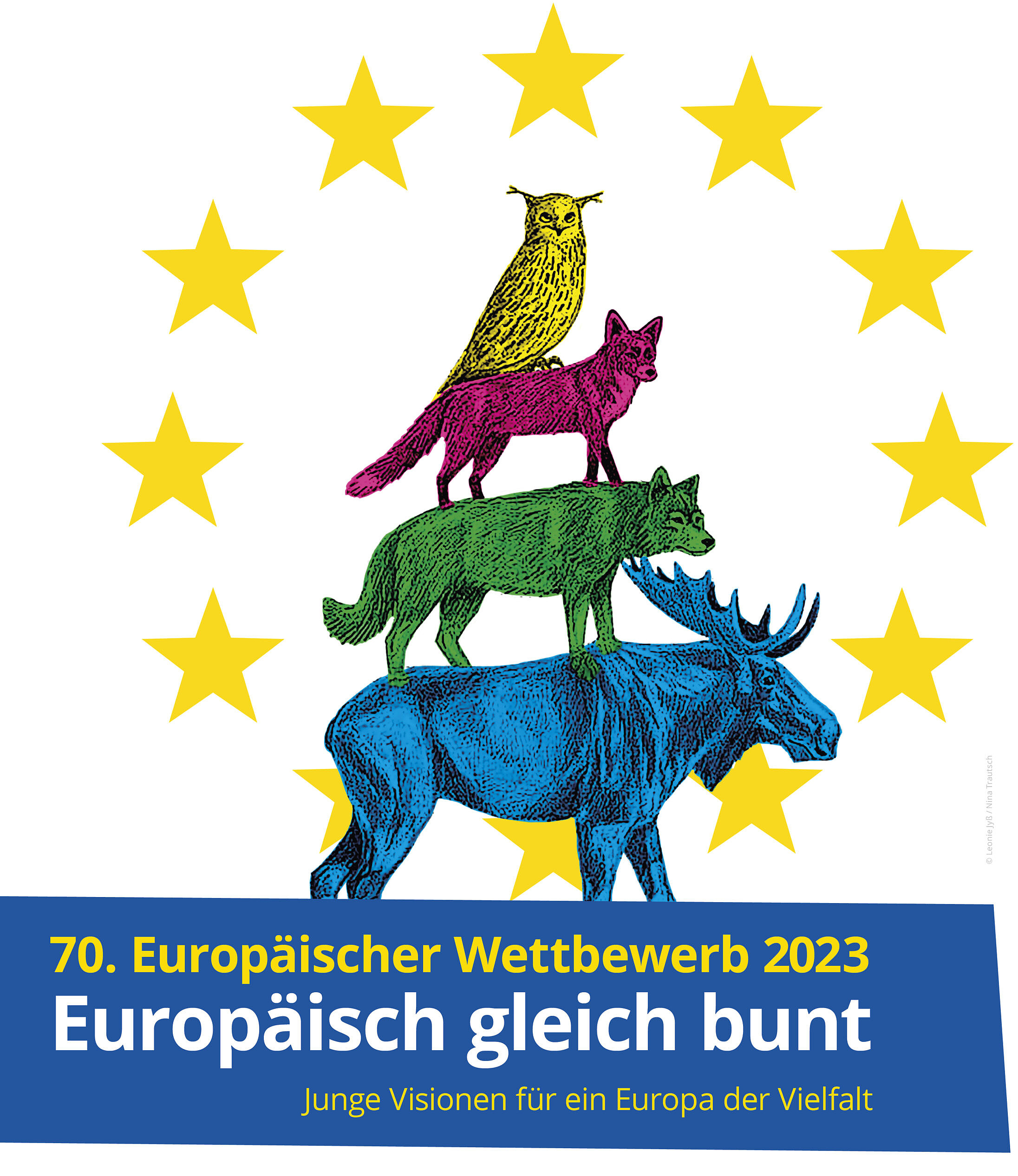Wie die Bremer Stadtmusikanten steht eine gelbe Eule auf einem roten Fuch. Dieser auf einem grünen Wolf und zuletzt auf einem blauen Elch. Um die Tiere herum sind die gelben Sterne der EU.