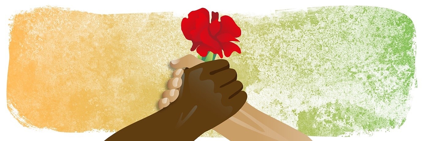 Illustration zweier Hände unterschiedlicher Hautfarben, die eine Rose halten.