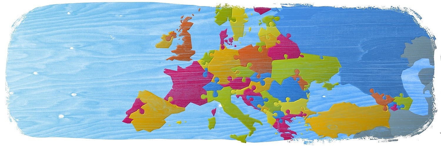 Illustration eines Ausschnitts einer Karte, die Europa zeigt. Die einzelnen Länder werden durch Puzzlestücke dargestelt, die ineinadergreifen.