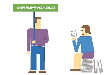 Zeichnung aus dem SV- Handbuch. Eine Person sitzt im Buch lesend auf einem Bücherstapel, die zweite Person trägt ein Bild mit der Aufschrift "www.pimp-my-school.de"