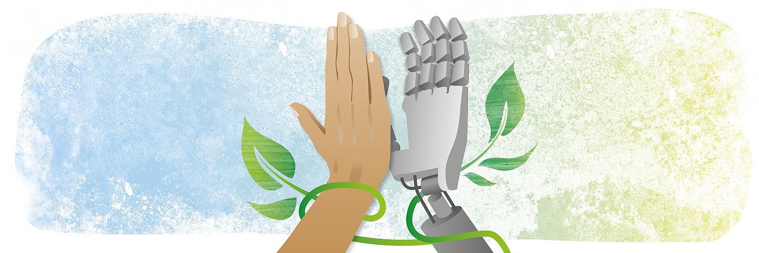 Illustration zweier Hände, die einander "High Five" geben. Die rechte Hand gehört einem Roboter. Die Hände werden von Pflanzen umschlungen.