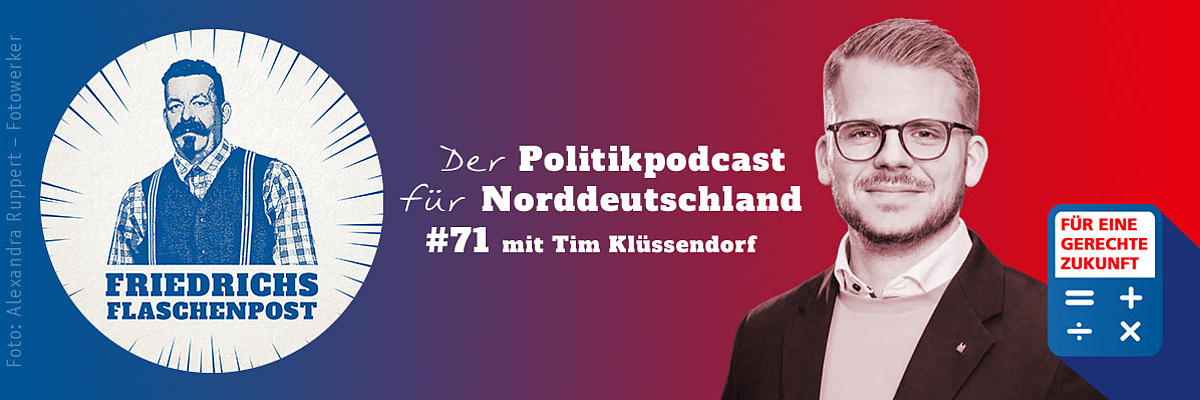 Das Bild zeigt neben dem Logo des Podcasts den Bundestagsabgeodneten Tim KLüssendorf, Gesprächspartner der Podcastfolge.