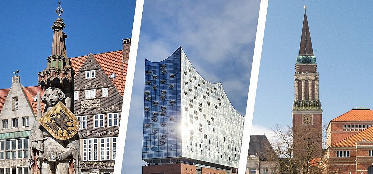 Zu sehen sind drei typische Wahrzeichen für die Bundesländer Bremen, Hamburg, Schleswig-Holstein v. l.: Bremer Roland, Hamburger Elbphilharmonie, Rathaus Kiel