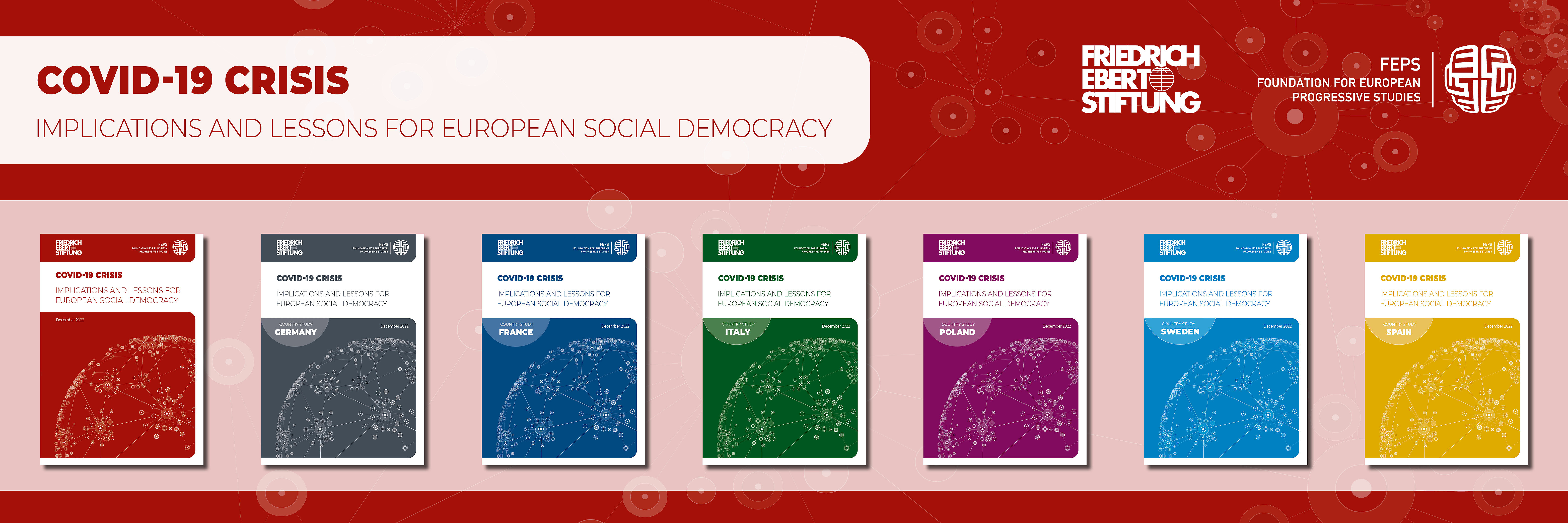Visible are the title of the study "The Covid 19 Crisis: Consequences and Lessons for European Social Democracy" and below it the 7 covers of the individual country studies