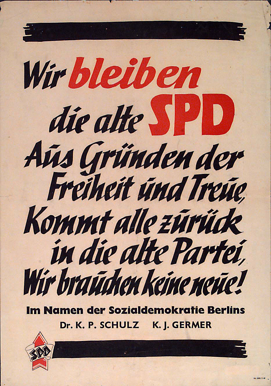 Plakat der SPD Berlin zur Frage der Vereinigung von SPD und KPD 1946. Rechte: SPD/AdsD. Quelle: AdsD, 6/PLKA000095.