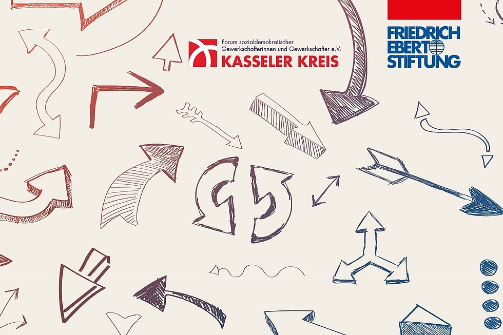 beiges Bild mit Pfeilen und Logo des Kasseler Kreises und der Friedrich-Ebert-Stiftung