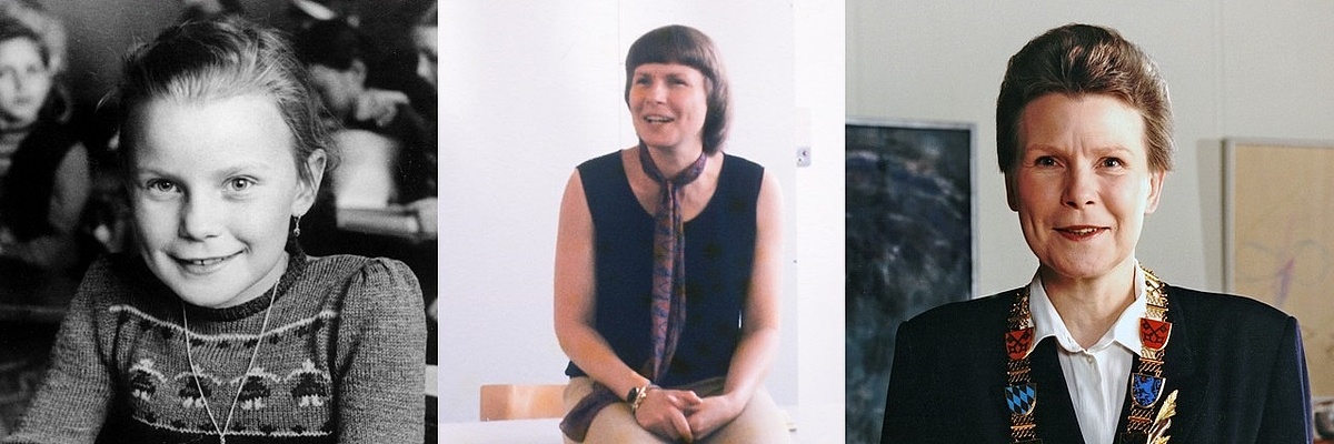 Das Foto ist eine Collage aus drei Bildern. Eines zeigt Christa Meier als junge Schülerin in einem Klassenzimmern, eines zeigt Sie als Lehrerin, während sie auf einer Schulbank sitzt und das letzte zeigt sie als Bürgermeisterin inklusiver der traditionellen Kette.