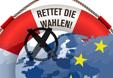 Im Vordergrund ein Rettungsring mit dem Schriftzug "Rettet die Wahlen" und im Hintergrund die Europaflagge.