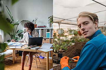 Collage aus Bildern mit Menschen in verschiedenen Arbeitskontexten; z.B. ein Mann auf einer Baustelle, eine Frau am Schreibtisch und eine Person bei der Gartenarbeit.