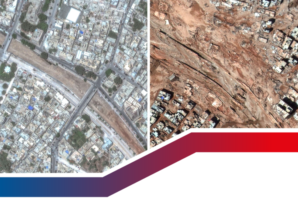 Diese Kombination von Satellitenbildern von Maxar Technologies zeigt einen Stadtteil von Derna, Libyen, am 1. Juli 2023 (oben) und das gleiche überschwemmte Gebiet am Mittwoch, 13. September 2023