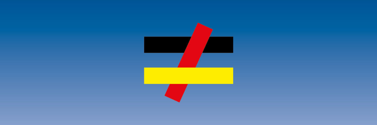Blauer Hintergrund mit Farbverlauf, darauf ein Ungleichheitszeichen in den Farben Schwarz, Rot und Gelb.