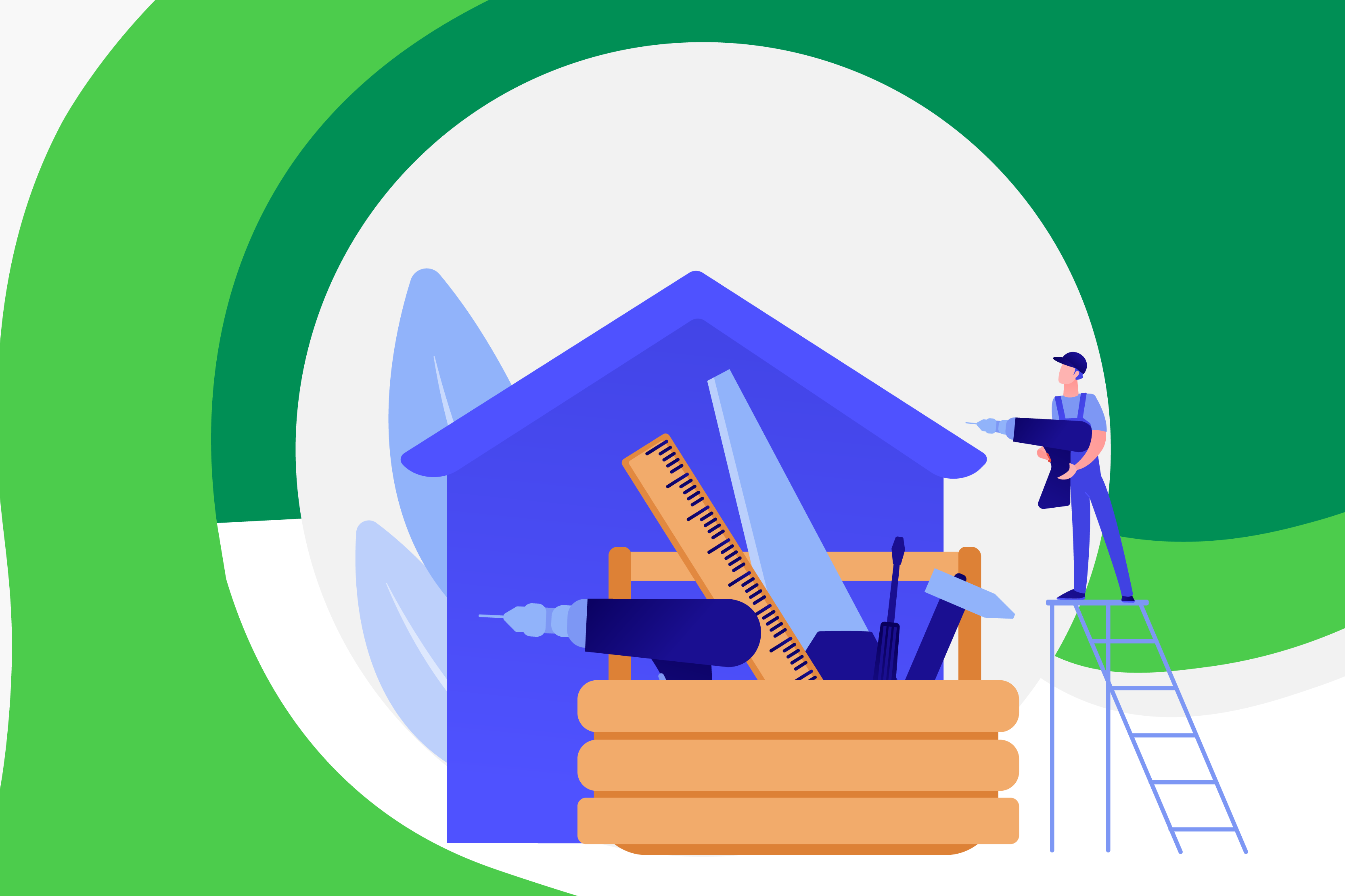 Illustration for the chapter Core Materials, blue collar worker with massive tools building a house