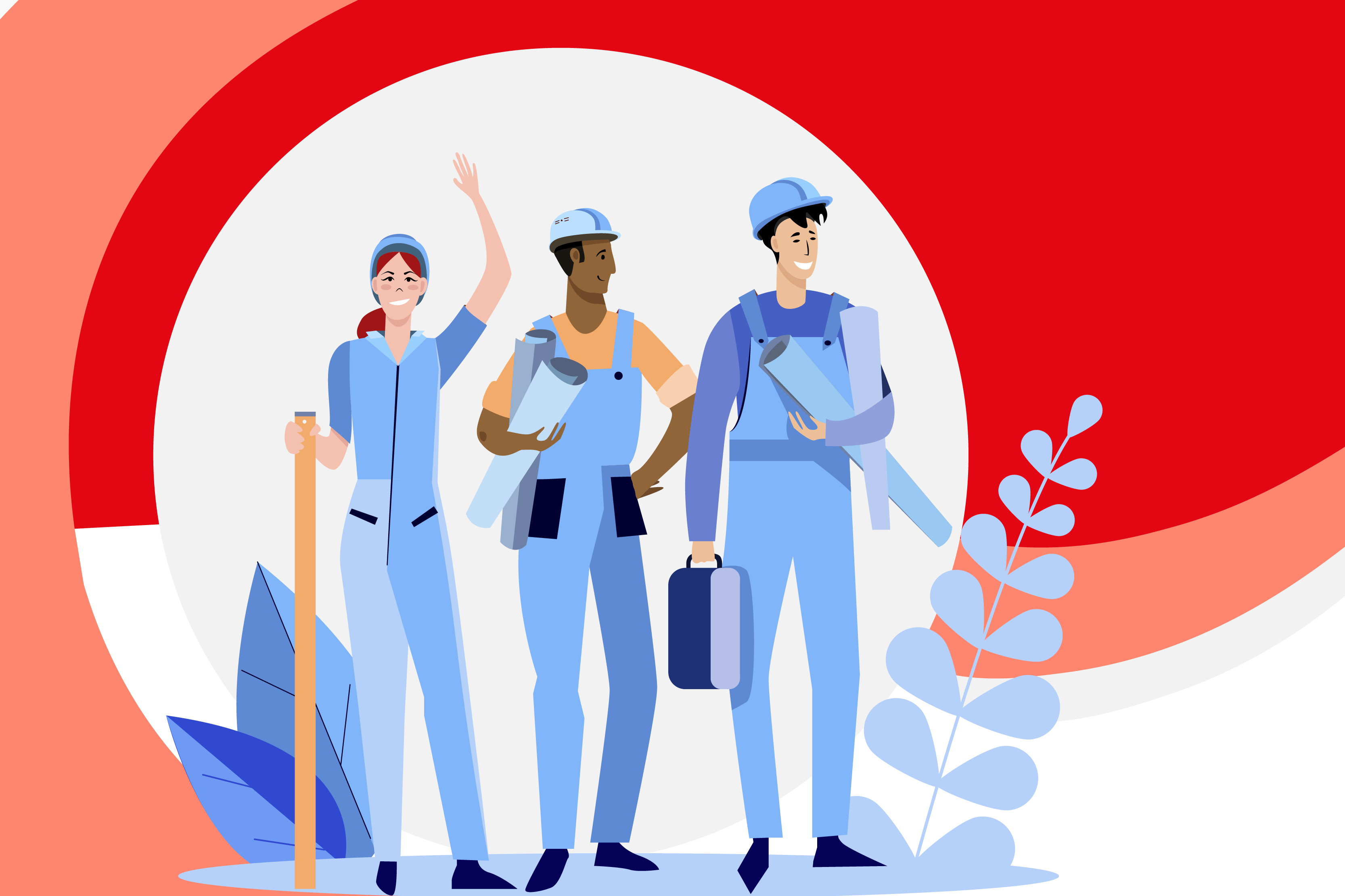 Illustration Comicstyle: One female worker and two male blue collar workers are waving with their hands