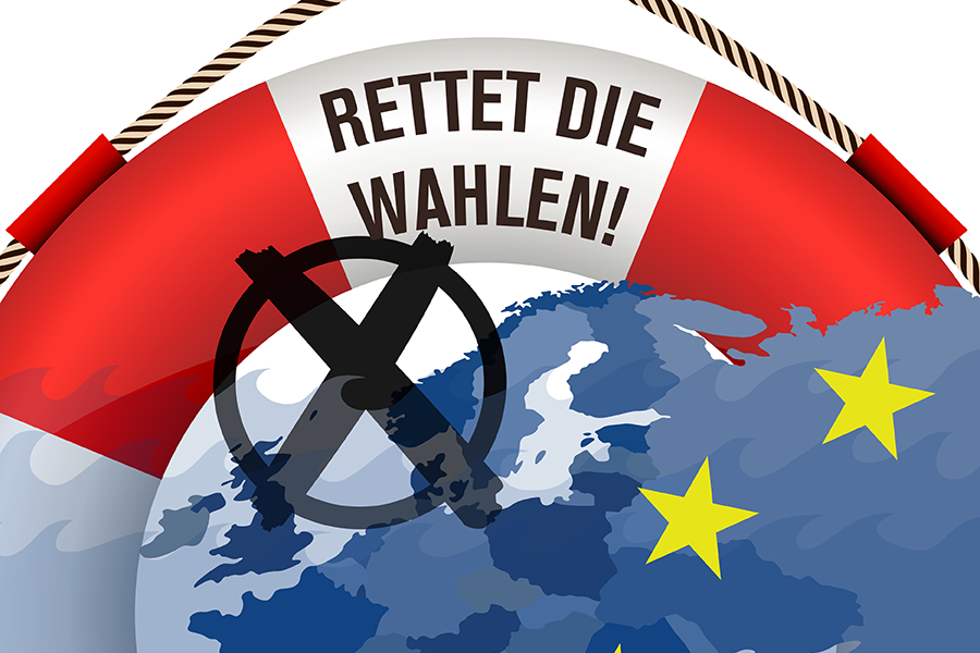 Im Vordergrund ein Rettungsring mit dem Schriftzug "Rettet die Wahlen" und im Hintergrund die Europaflagge.