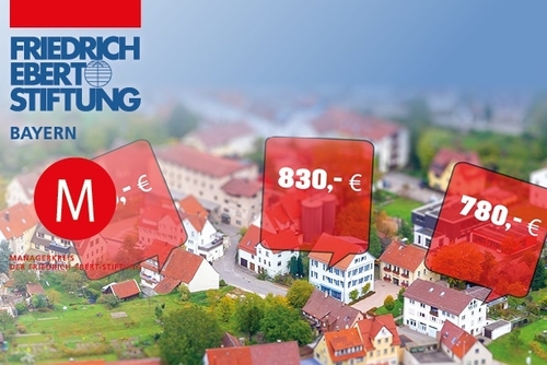 Luftaufnahme von vielen Häusern. Über den Häusern sind Sprechblasen mit Preisen von 780 bis 920 Euro. Auf der linken Seite das Logo des BayernForums der Friedrich-Ebert-Stiftung.