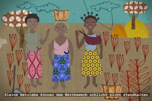 Videoscreenshot: Zeichnung: Afrikanische Frauen. Kleine Betriebe können dem Wettbewerb schlicht nicht standhalten. Das Leben in den Mittelpunkt stellen