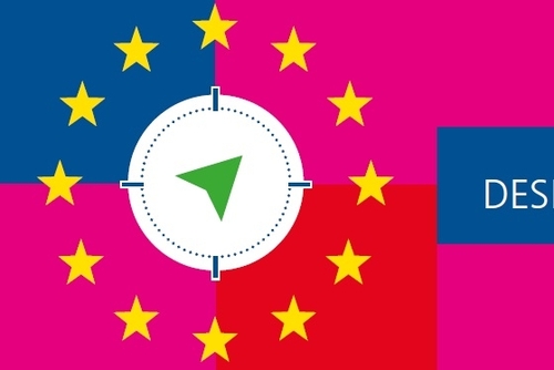Pinke, blaue und rote Quadrate im Hintergrund. Links die Sterne der EU-Flagge, in der Mitte der Sterne ein Mauszeiger. Rechts daneben in weißem Text: "Deshalb: Europa!"