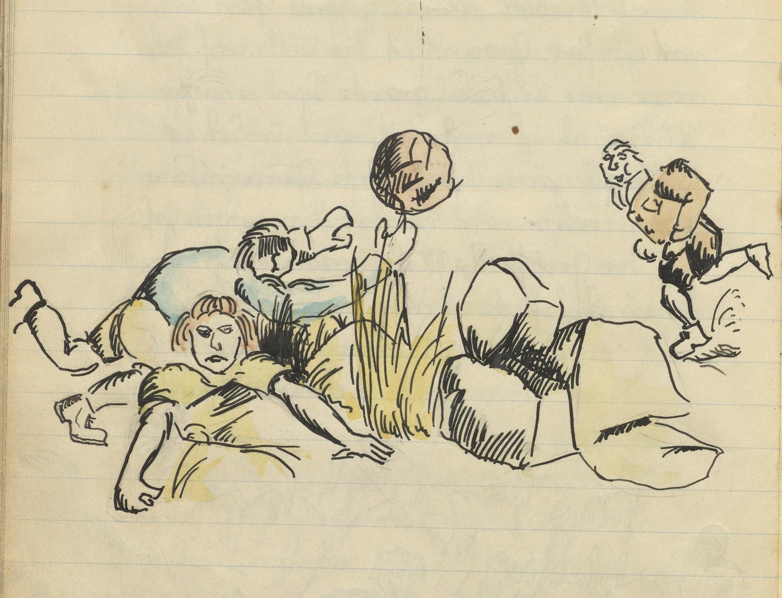 Kolorierte Tuschezeichnung von ballspielenden Kindern, die Kinder der Leipziger Kinderfreundegruppe „Kurt und Frieda“ dem zitierten Fahrtenbericht von Februar 1928 beigefügt haben. AAJB KF L 22/2. Rechteinhaber nicht ermittelbar.