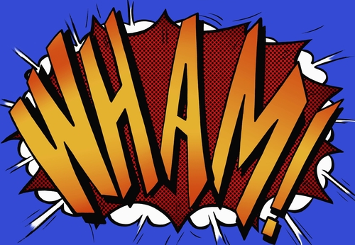 Comicbild: blauer Hintergrund und der Schriftzug "WHAM!" steht in rot und orangetönen davor.