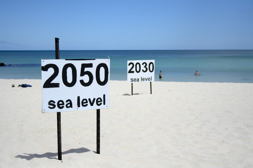 Sandstrand mit zwei großen Schildern, die das Meeresniveau 2030 und 2050 anzeigen