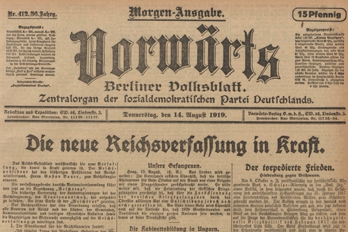 Am 14. August 1919 tritt die Verfassung der Weimarer Republik in Kraftlik 