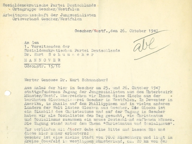 Brief der SPD-Ortsgruppe Gescher und der Jusos in Gescher an Kurt Schumacher, 26.10.1947
