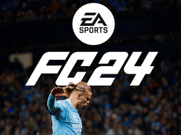 Coverart des Spiels EA Sports FC 24. Ein Fußballer schießt einen Ball.
