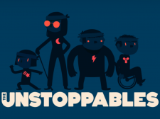 Cover-Art des Spiels "The Unstoppables." Scherenschnitte von vier Personen sind zu sehen.