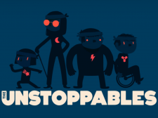 Cover-Art des Spiels "The Unstoppables." Scherenschnitte von vier Personen sind zu sehen.