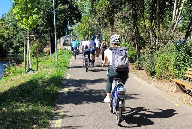 Eine Gruppe Fahrradfahrerinnen und Fahrer auf einem Radweg in ländlicher Umgebung.