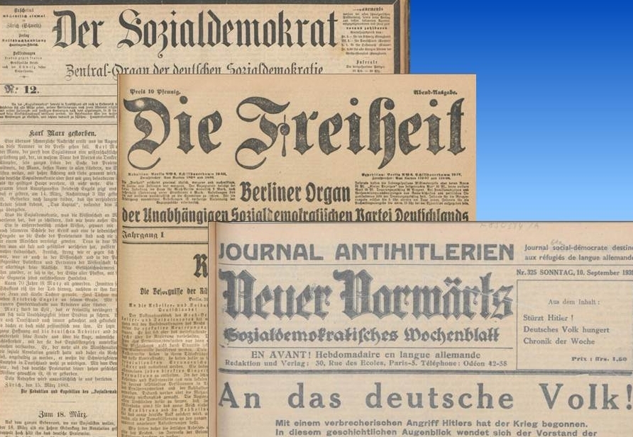 Drei Titelblätter: Der Sozialdemokrat, Freiheit, Neuer Vorwärts
